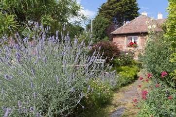 This is the side path for your cottage, leading from the front door to the courtyard and back door with the beautifully planted garden off to the left.