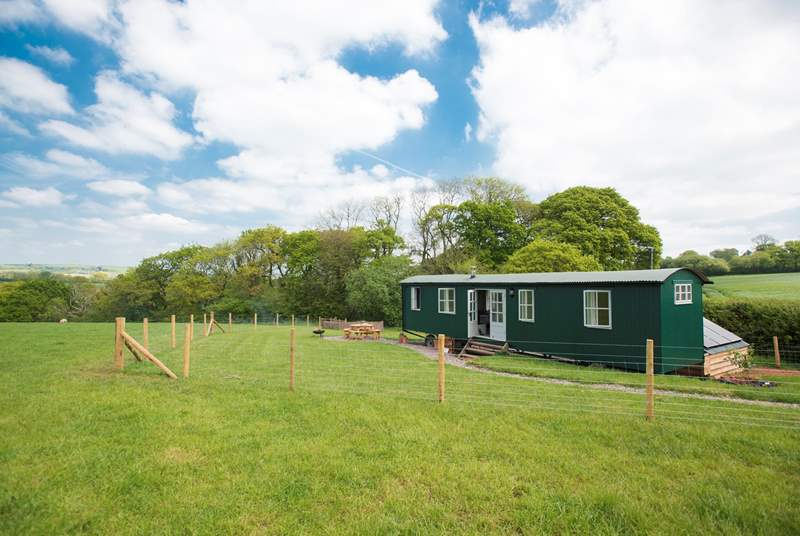 The shepherd's hut is in a safely enclosed area with the most wonderful views across open fields and miles away!