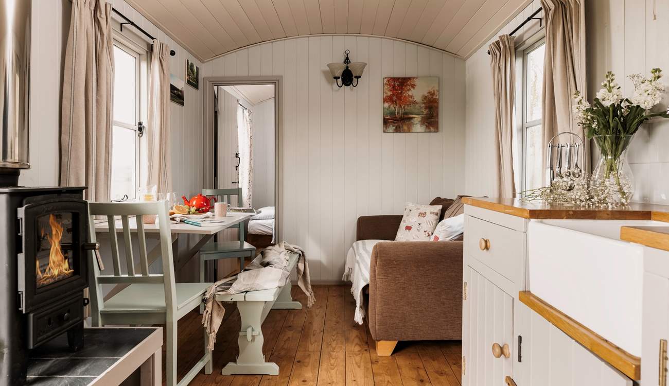 The hideaway has a real home-from-home feel and the wood burner keeps it extra cosy. 