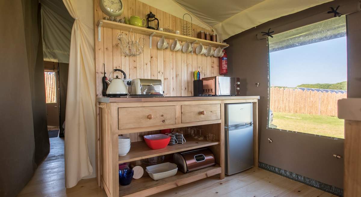 The kitchen is fully equipped with everything you will need for your glamping getaway. 