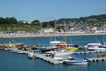 Lyme Regis from the Cobb, with its beach and vibrant promenade.