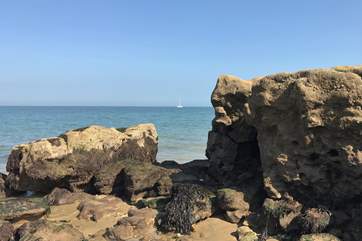 The nearby beach transforms to a very dramatic landscape at low tide.