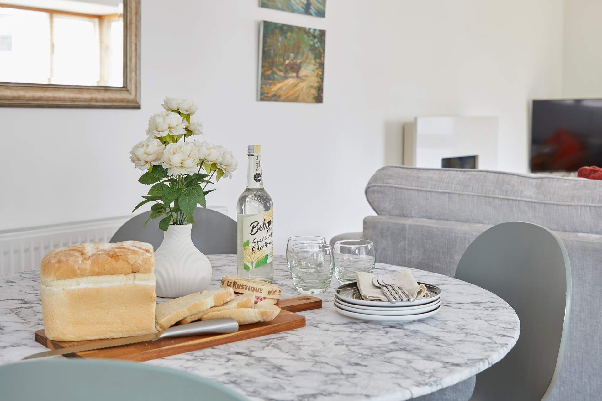 The dining area is ready for sociable mealtimes. 