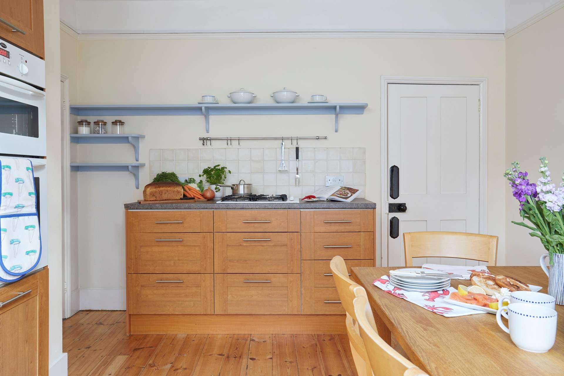 The kitchen is well equipped with the essentials for making a lovely meal at home.
