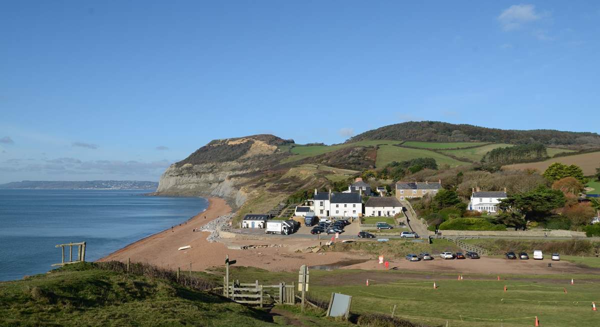 The beach at Seatown, with the award-winning Anchor Inn.