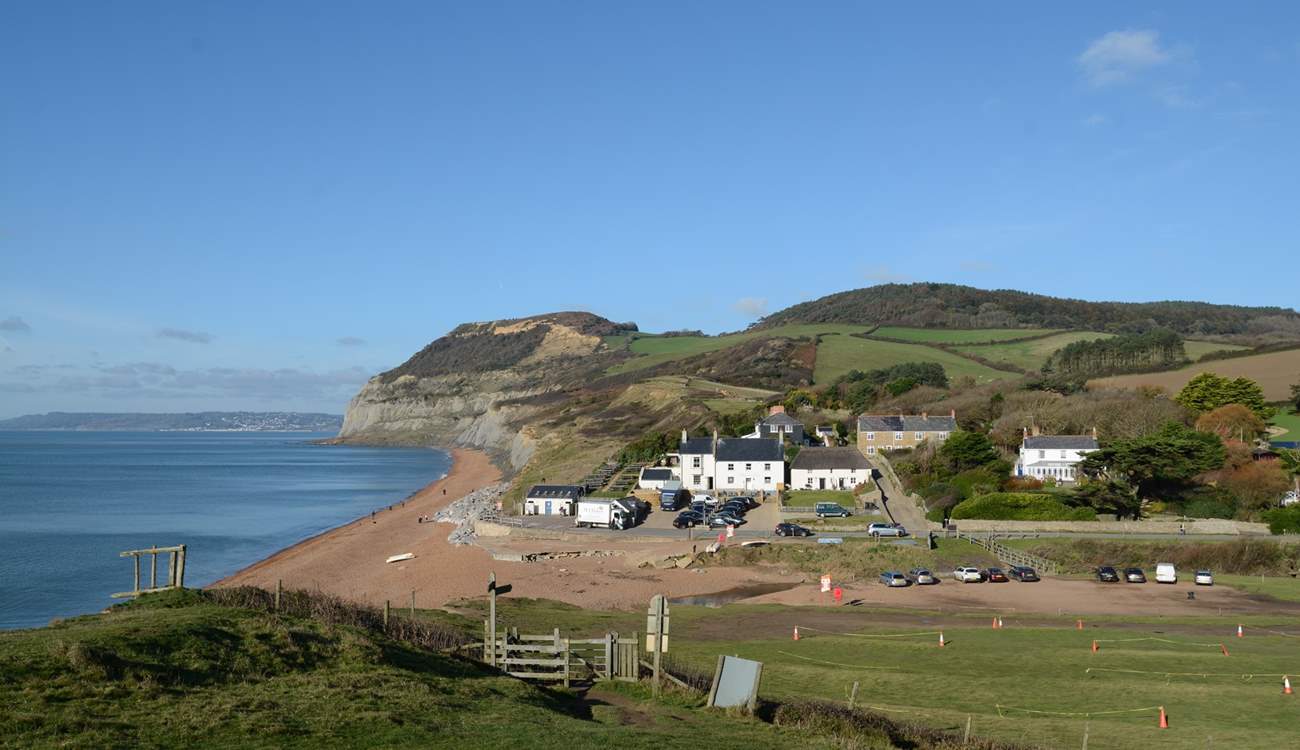 The beach at Seatown, with the award-winning Anchor Inn.