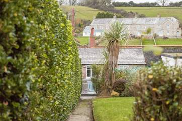 Looking down to the cottage from the end of the garden.