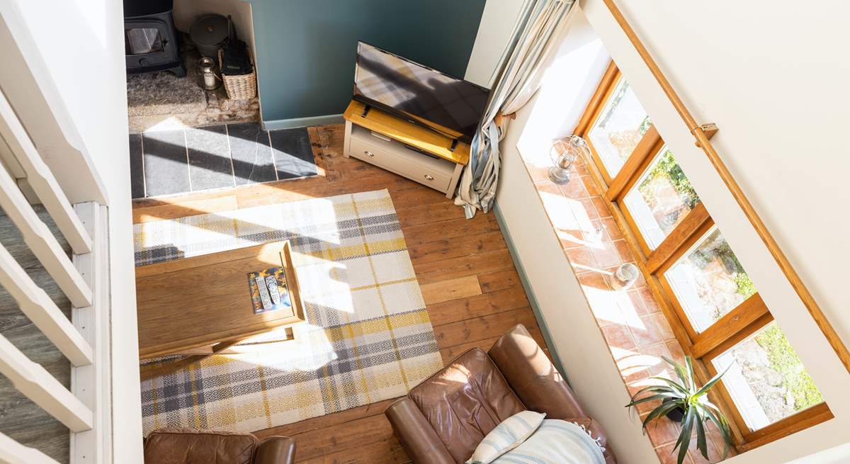 Looking down into the living-room from bedroom two.