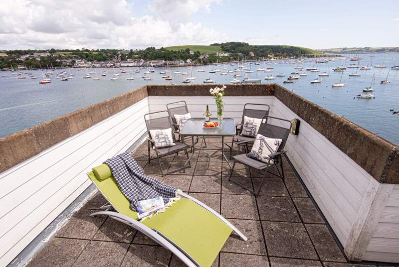 The rooftop terrace has panoramic views across the bay.