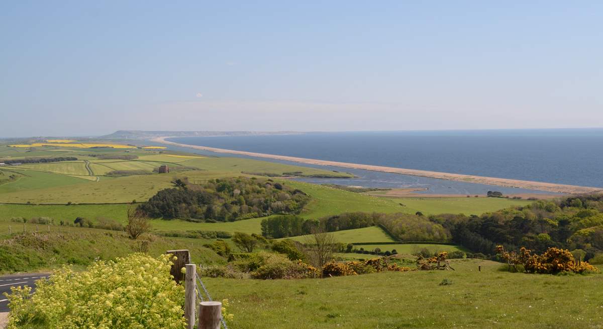 This spectacular view is of Chesil Beach, with Portland in the background taken from the Jurassic Coast road between Weymouth and Bridport; fabulous views in both directions.