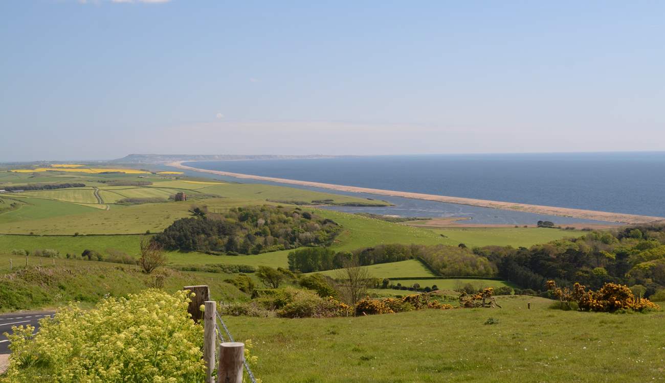 This spectacular view is of Chesil Beach, with Portland in the background taken from the Jurassic Coast road between Weymouth and Bridport; fabulous views in both directions.