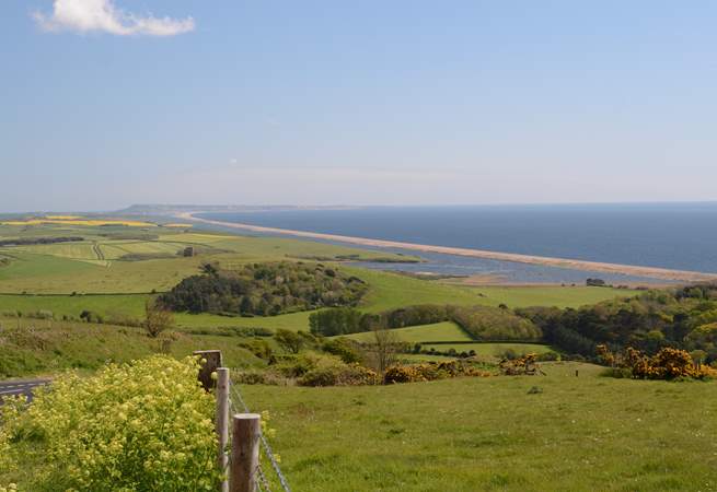 This spectacular view is of Chesil Beach, with Portland in the background taken from the Jurassic Coast road between Weymouth and Bridport; fabulous views in both directions.