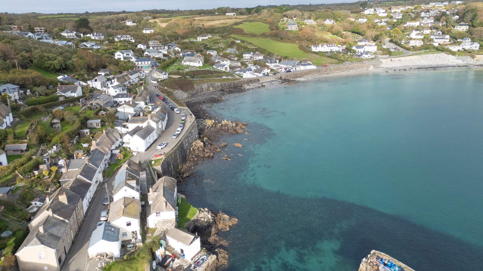 An aerial view of pretty Coverack Bay.