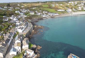 An aerial view of pretty Coverack Bay.