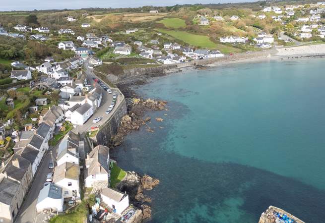 An aerial view of pretty Coverack Bay.