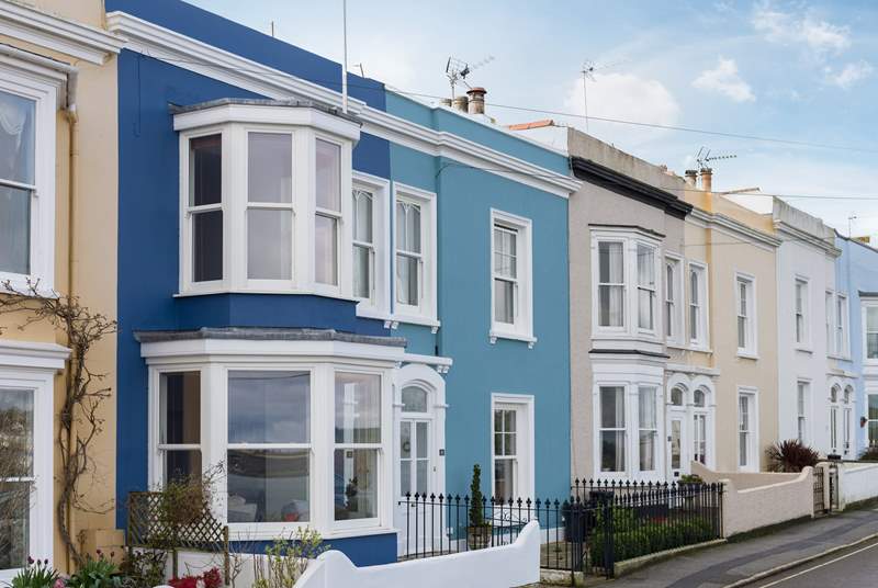 Bussillion is a fabulous early Victorian townhouse, part of an iconic terrace in the heart of Falmouth (the dark blue house).