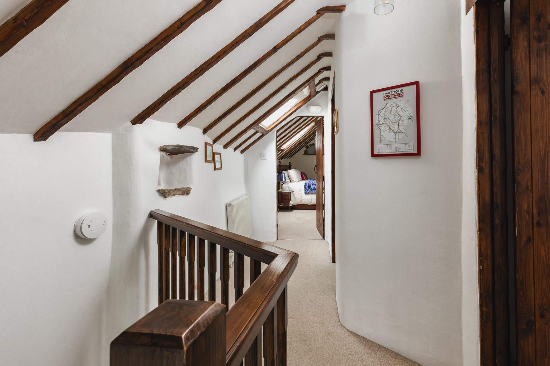 There are exposed beams throughout.