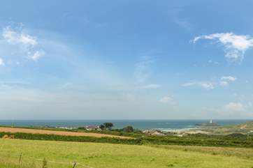 The views across the fields as you come down the driveway to the farmhouse, with Godrevy Lighthouse in the distance.