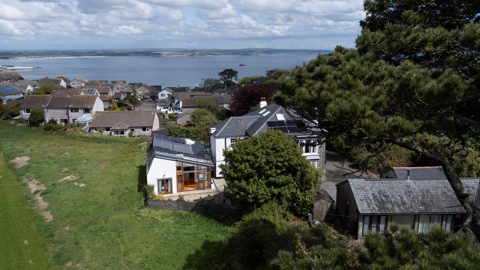 An aerial view showing the close proximity to the sea.