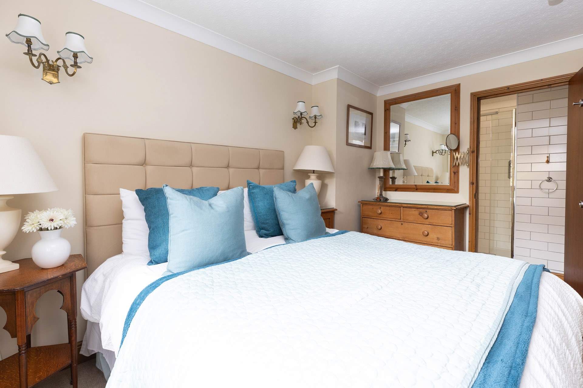 The principle bedroom on the first floor with king-size bed. 