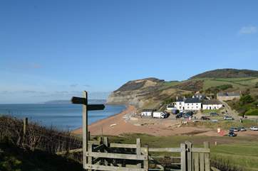 The Guardhouse is the stone semi-detached cottage in the top right of the photograph. The nearby Anchor Inn is an award-winning pub.