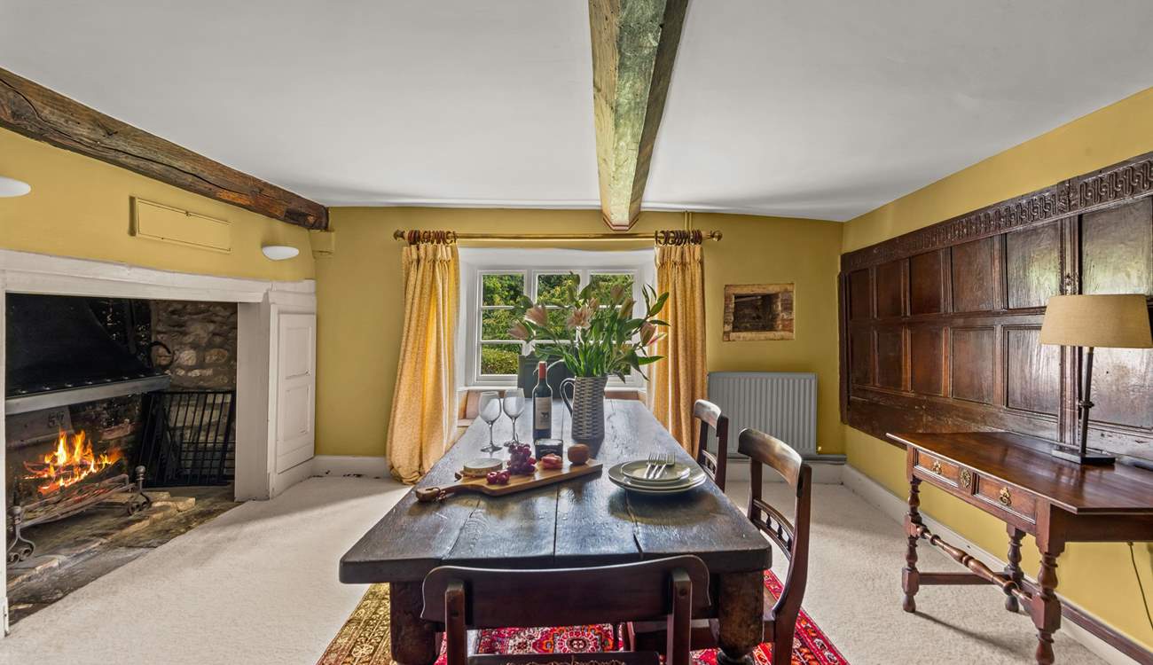 There is a 'formal' dining-room in one of the panelled reception rooms, complete with a huge inglenook fireplace and open fire.