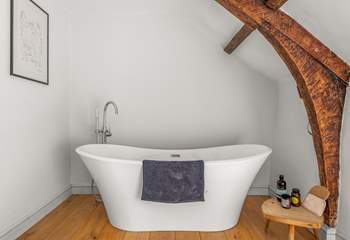 The very stylish family bathroom (the bath is up one step from the rest of the bathroom) is a brand new addition to the farmhouse.