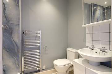 The en-suite bathroom (shower base is raised).