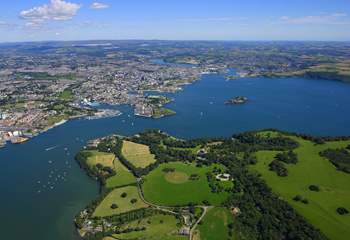 Mount Edgcumbe Country Park stretches over the entire headland with the city of Plymouth across the water.