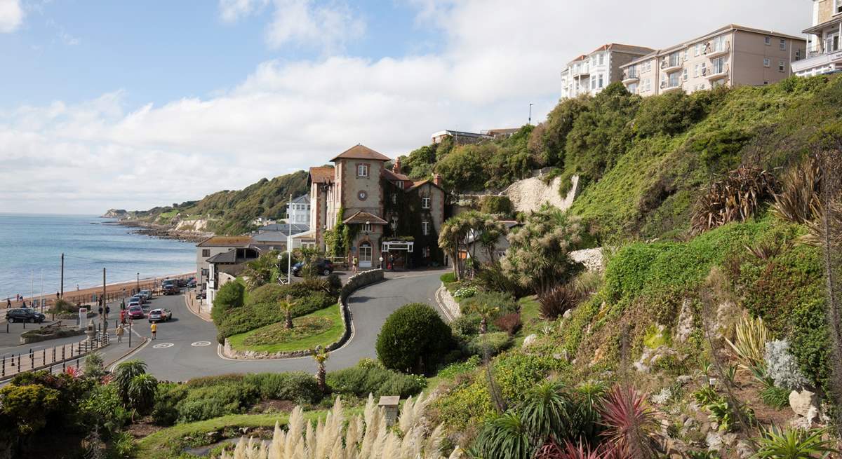 The esplanade at Ventnor with its red sandy beach and choice of eateries.