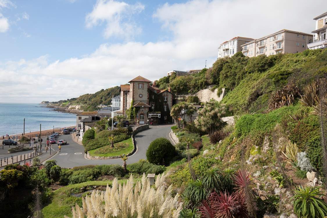 The esplanade at Ventnor with its red sandy beach and choice of eateries.