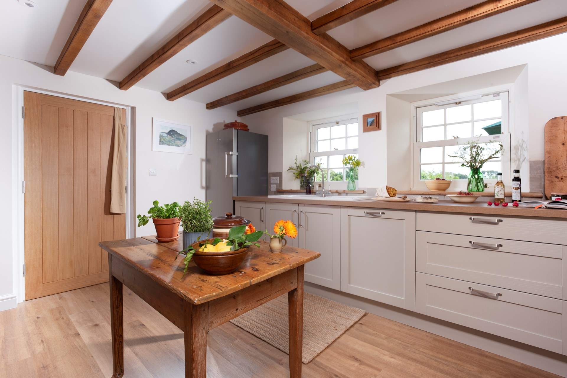 The kitchen looks out over the garden.