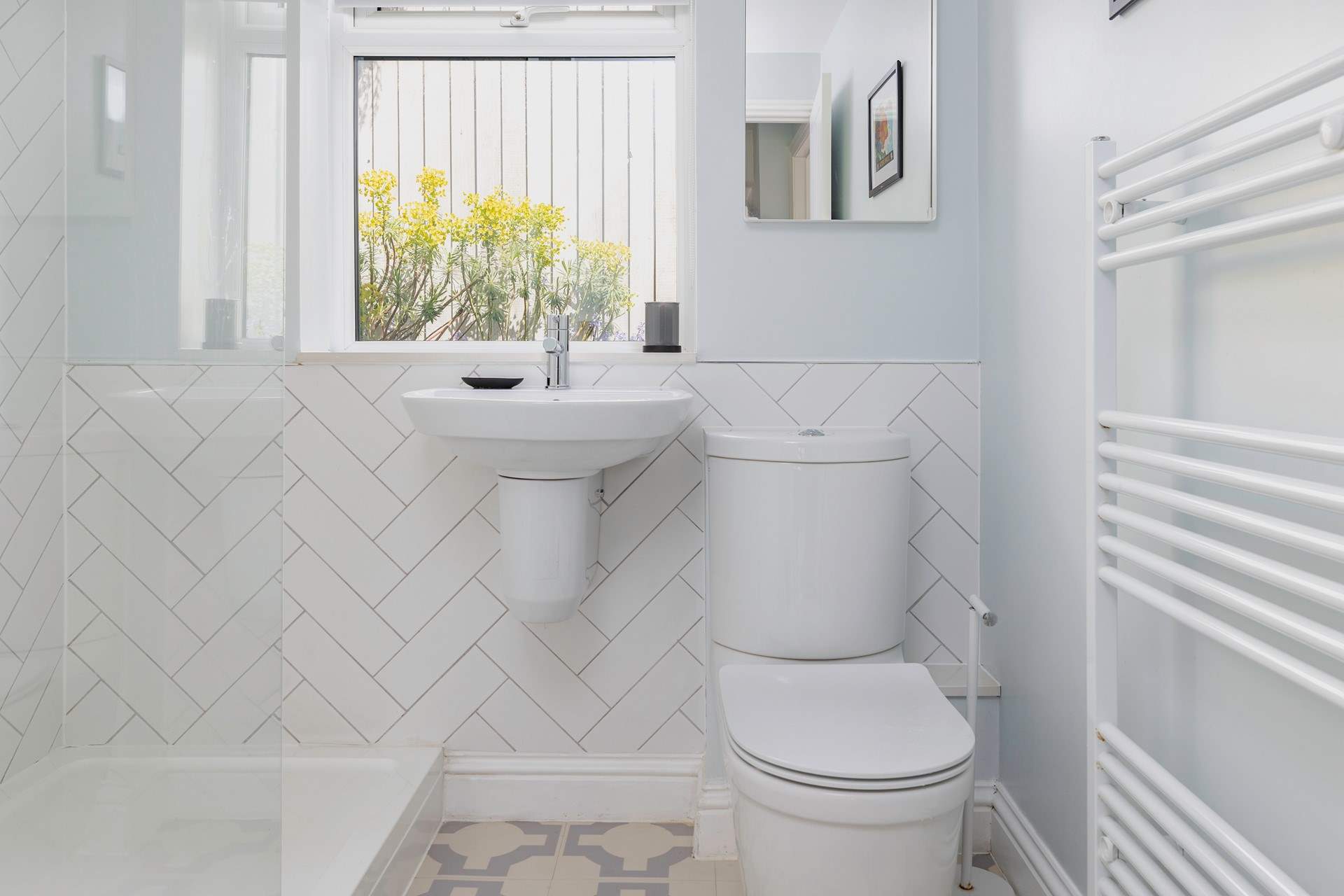 The family shower-room is located at the top of the steps.