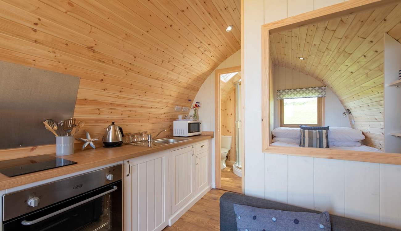 The kitchen has everything you need for your glamping getaway. 