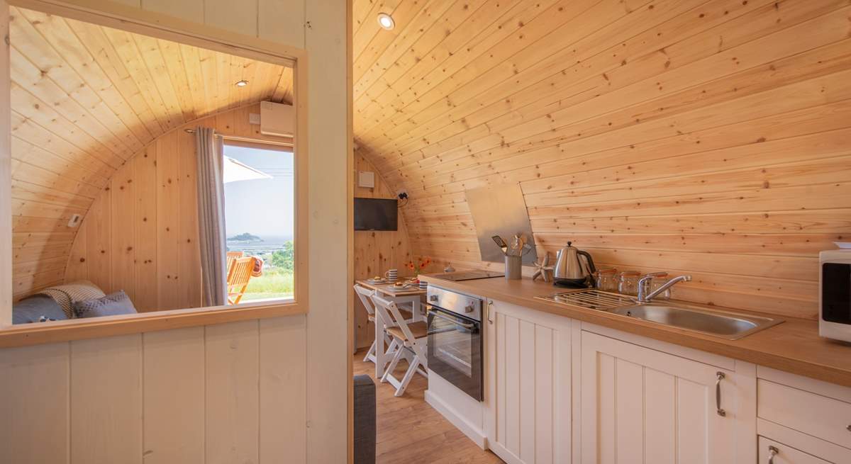 There is a fully fitted kitchen-area with every appliance you will need for your luxury glamping holiday - cooker, microwave, fridge, kettle and toaster.