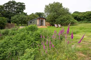 This idyllic retreat is set in a spacious meadow with spectacular countryside views.