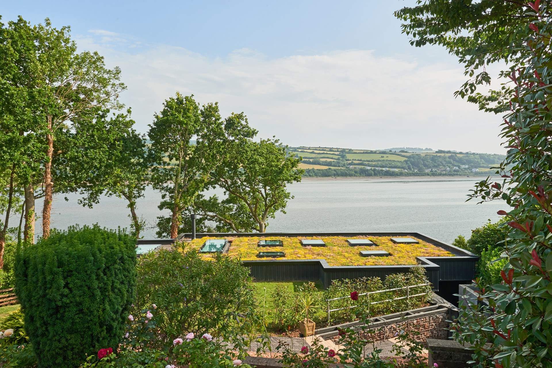 Looking out over the living green roof of Meadowcliff Cottage.