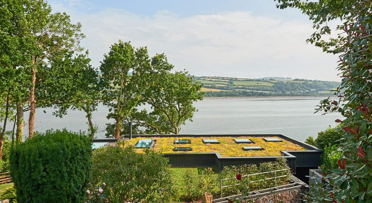 Looking out over the living green roof of Meadowcliff Cottage.