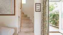 Do note the turning feature of the stairs and wall handle for assistance
