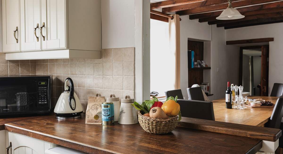 Almost every kitchen utensil you can imagine is in this very well-equipped kitchen.