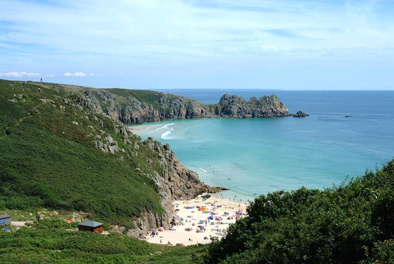 Porthcurno is just a stroll along the fields (not the view from the property).