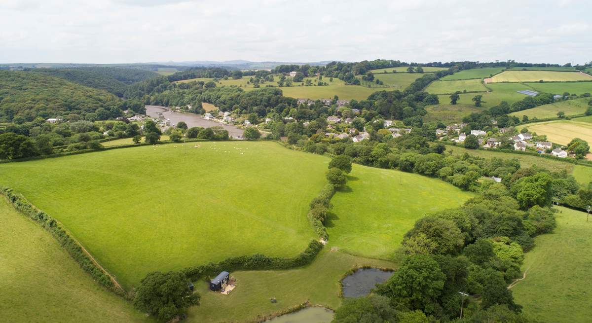 A bird's eye view looking down at Shepherd's Rest with the village of Lerryn in the background.