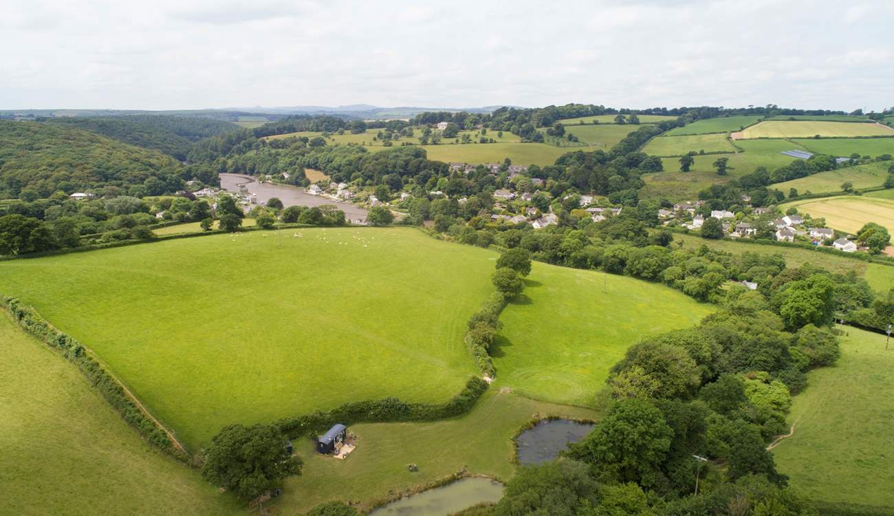A bird's eye view looking down at Shepherd's Rest with the village of Lerryn in the background.
