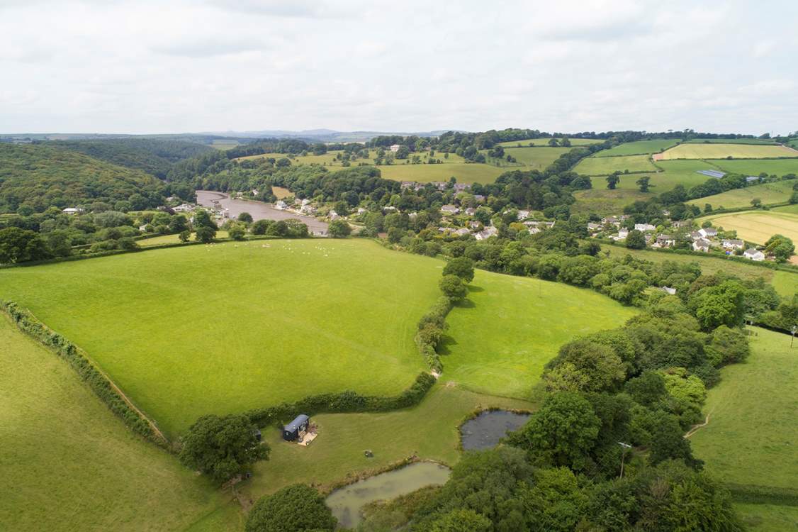 A bird's eye view looking down at Shepherd's Rest with the village of Lerryn in the background.