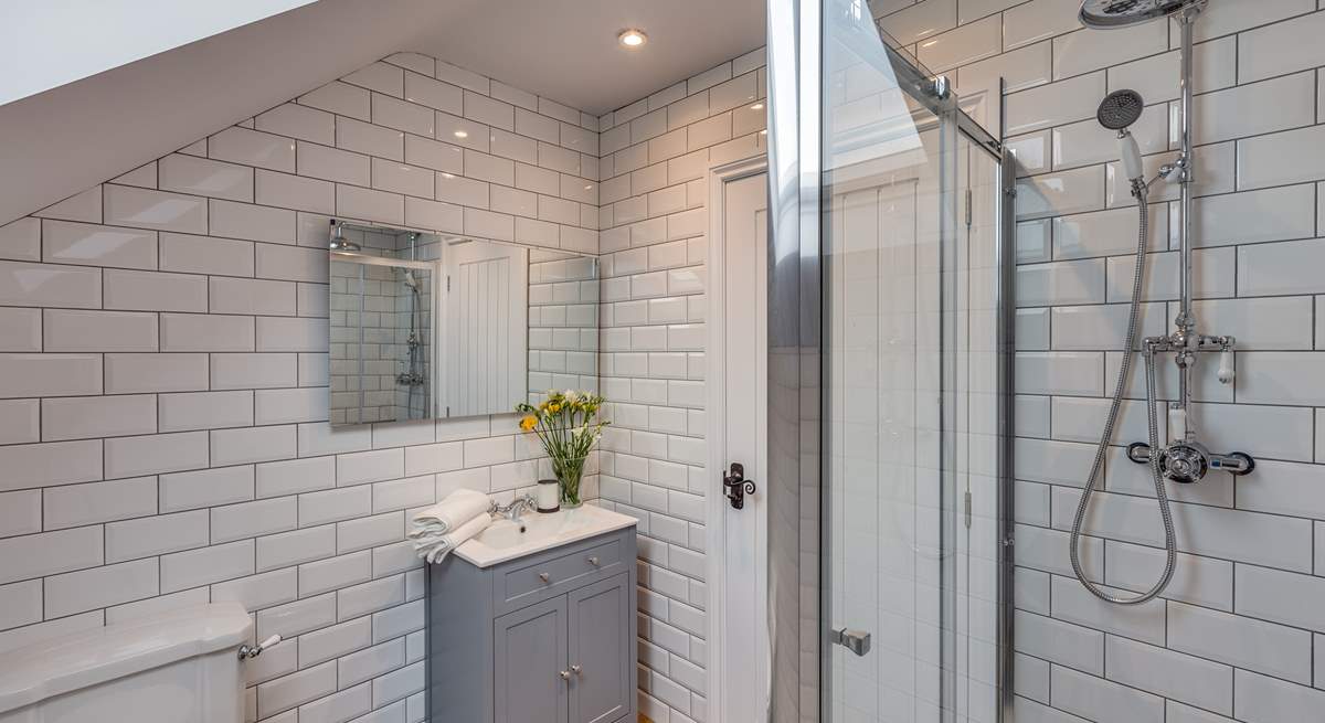 This is the en suite shower-room for the master bedroom. The wonderful shower has a rainfall shower head as well as a conventional one.