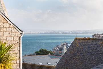 The fabulous view of St Ives Bay from the decked-area.