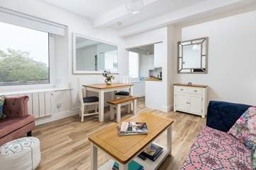 The apartment is open plan, making the most of the space and views of Coverack.