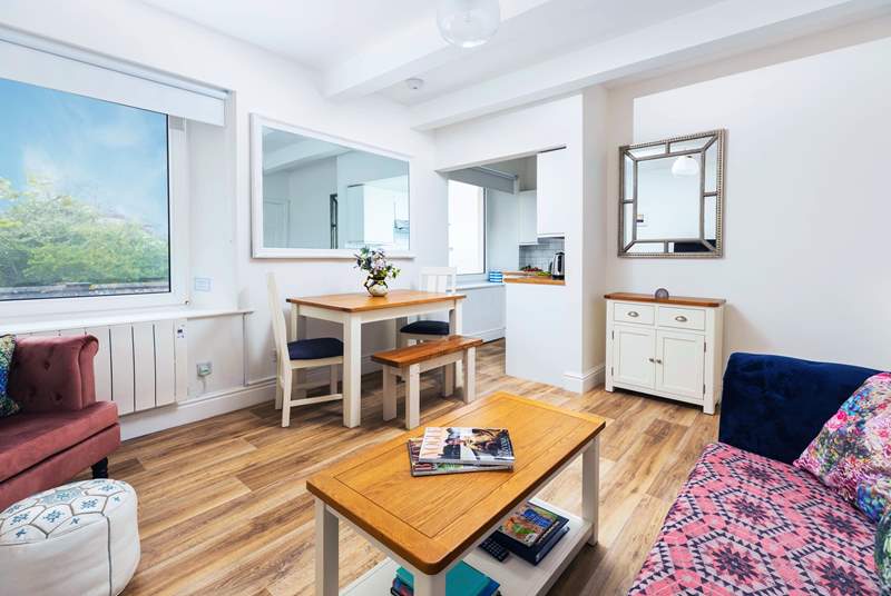 The apartment is open plan, making the most of the space and views of Coverack.
