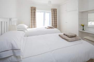 Bedroom 3 is at the front of the house and can be made up as two single beds (3') as shown here, or as a super-king size (6ft) bed.