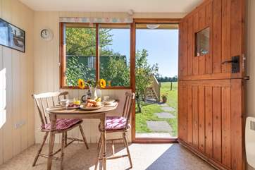 Light floods into the handy cabin, just steps away from the wagon.